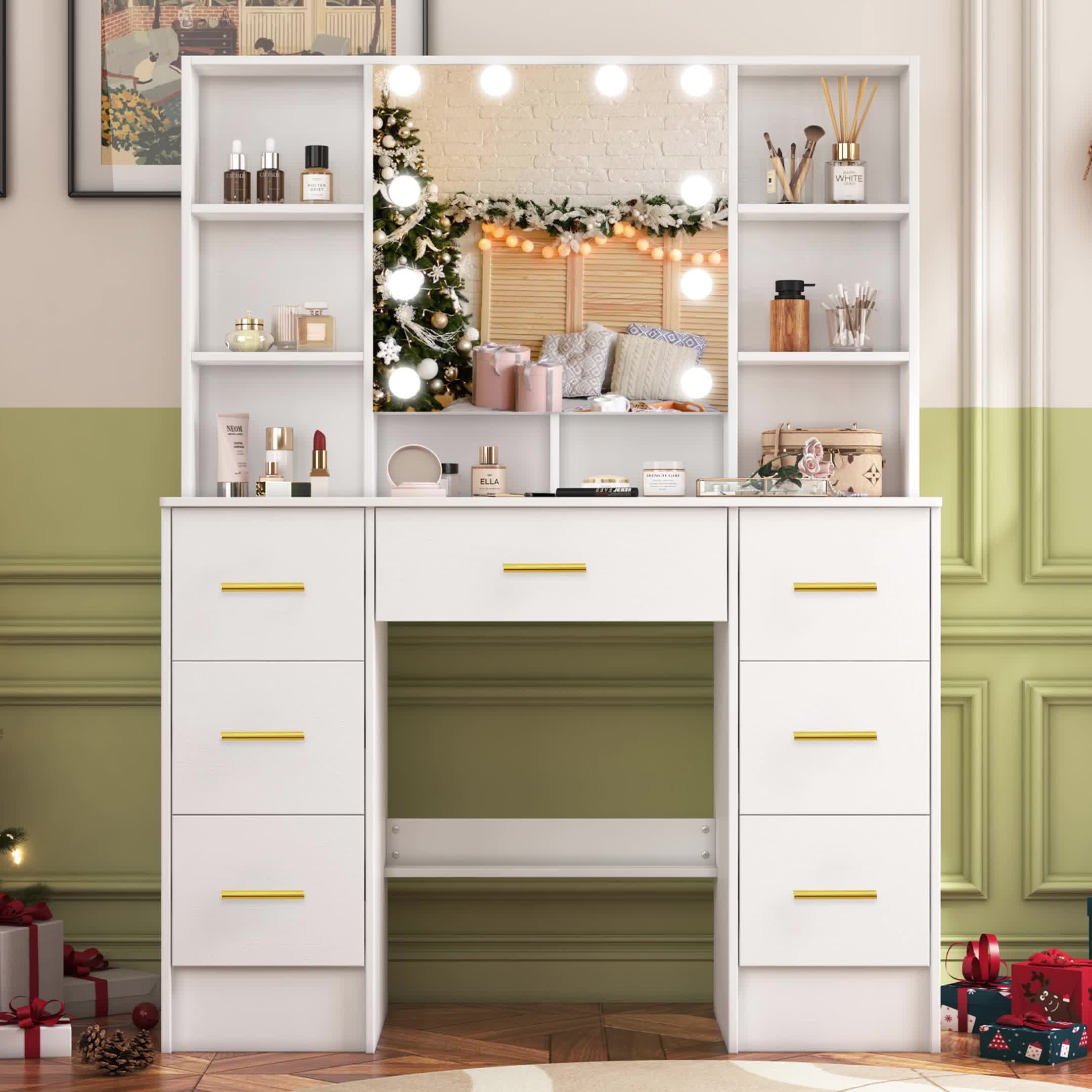 Makeup Vanity with Sliding Mirror and LED Lighting, 3 Modes