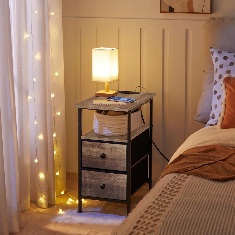 Modern Nightstand with Charging Station and Two Drawers for Storage