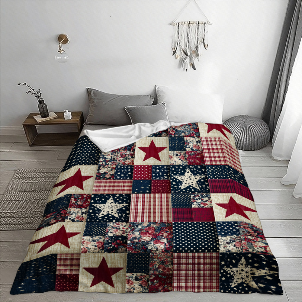 1pc Patriotic Stars Flannel Fleece Throw Blanket, Soft Cozy Lightweight Blanket For Couch Bed Sofa Camping, Machine Washable