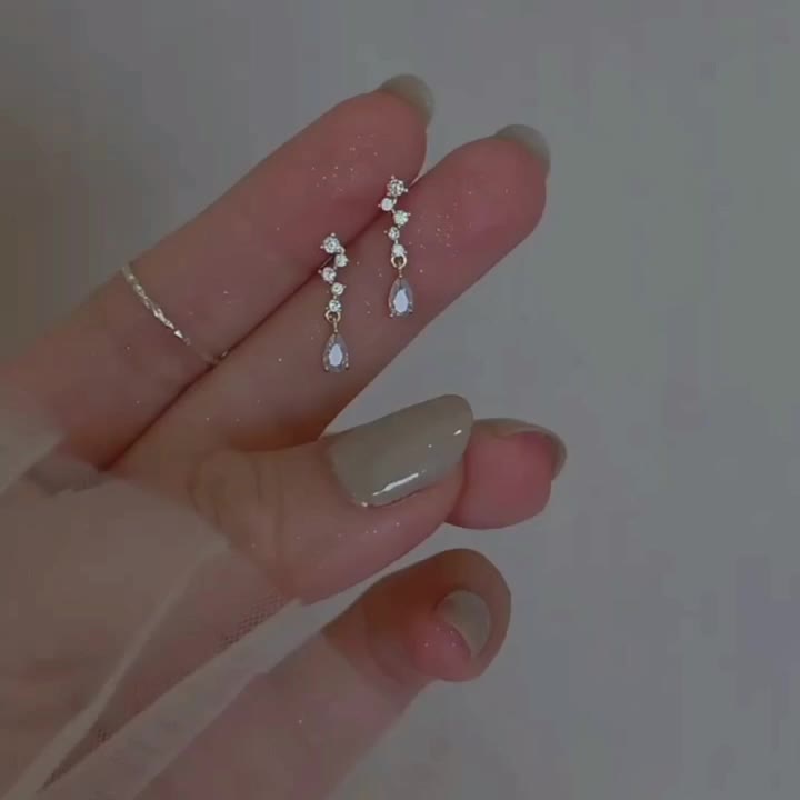 Long Water Drop Zircon Stud Earrings, 14K Plated