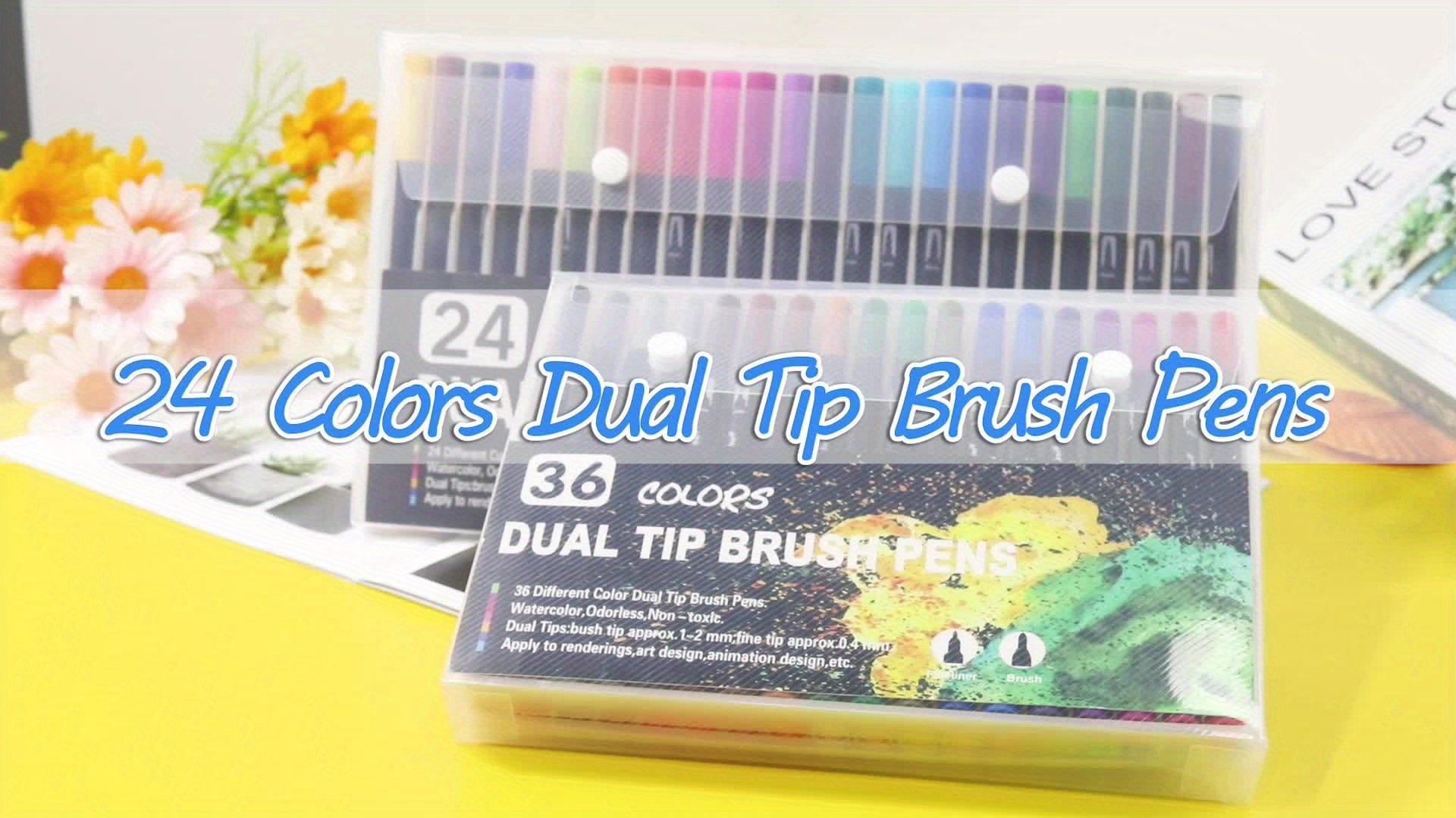 MingNor Dual brush paint pens for adult kids - 24 colored pens watercolor  felt tip pens drawing pens for kids - Journal pens hand lettering coloring