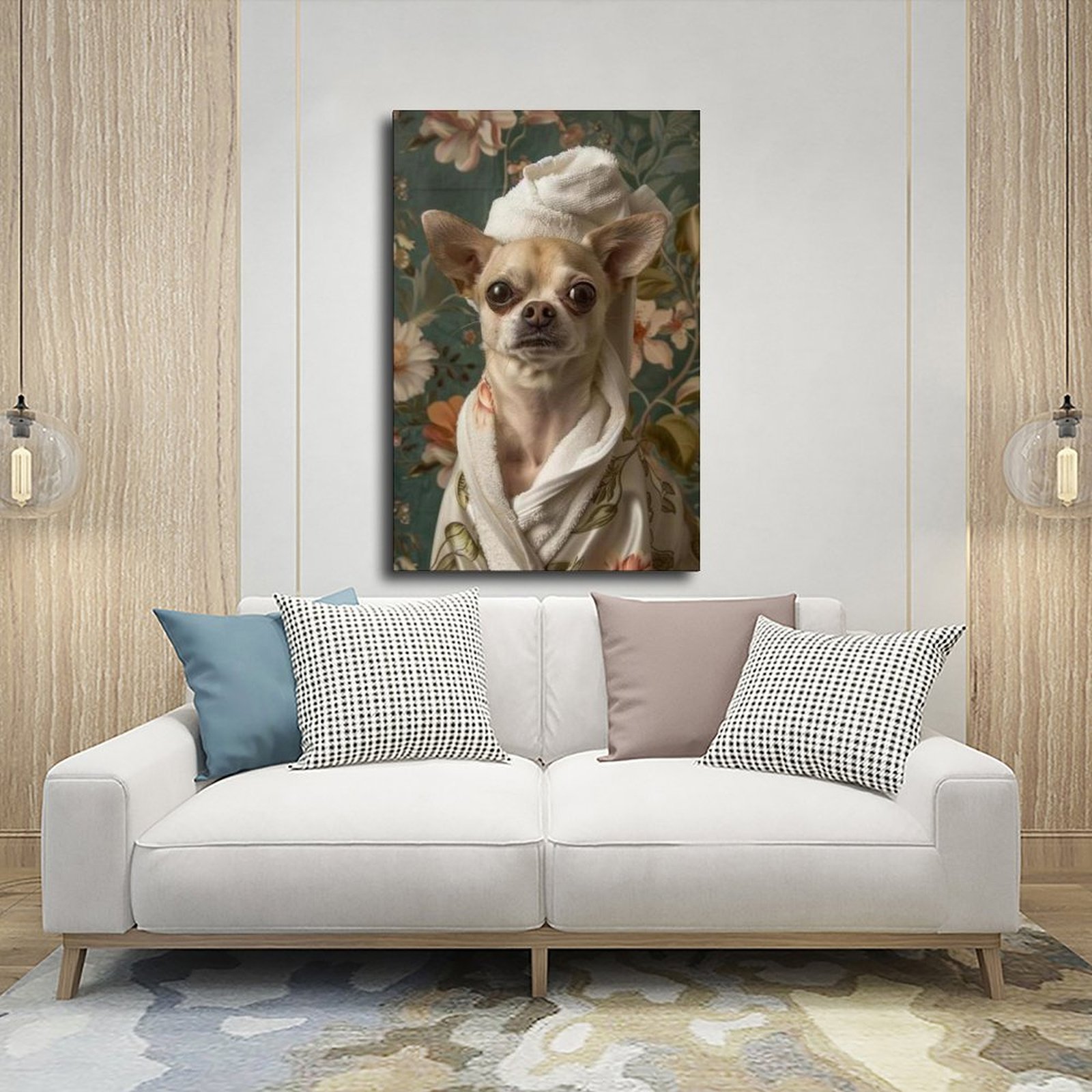 whimsical chihuahua in bathrobe canvas art print pine wood Temu