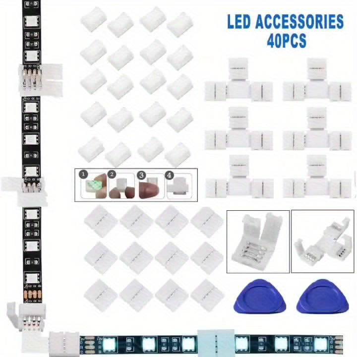 40packs LED Light Strip Connector 10mm Wireless 4 Prong 5050 RGB Kit 12 No Connectors 6 T Type Connectors 2 Open Tools Solderless Adapter Connector Terminal Extension For 3528 5050 SMD RGB 4