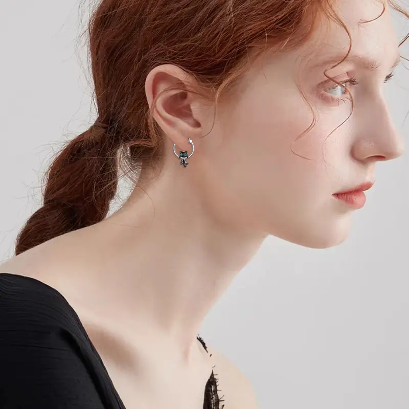 925 sterling silvery black cat ear dangle earrings cute cartoon hypoallergenic synthetic stone no power needed daily wear gift cat accessories casual jewelry minimalist jewelry durable jewelry Product details 0