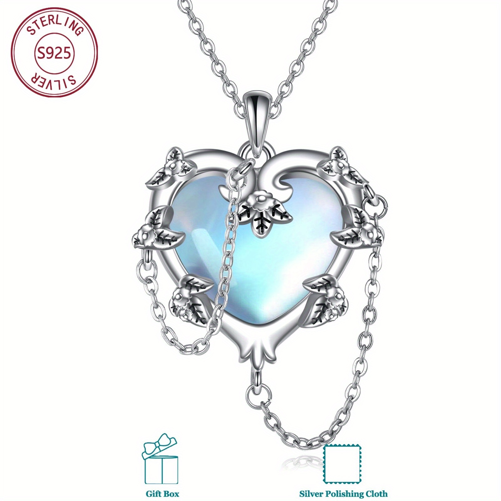 Image of 925 Sterling Silvery Heart Necklace With Synthetic , Retro Jewelry, Halloween Theme Gift , Light Beige-friendly & Anti-allergic, Suitable For Women' Wearing, Women's Accessory, Holiday Gift, Elegant
