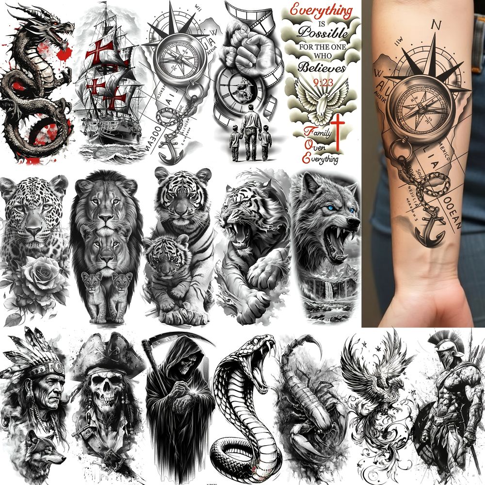 TEMU 17 Sheets Black Creative Wolf Animals Skull Temporary Stickers For Men Women Adults Realistic Fake Tattoos 3d Dragon Anchor Compass Fonts Body