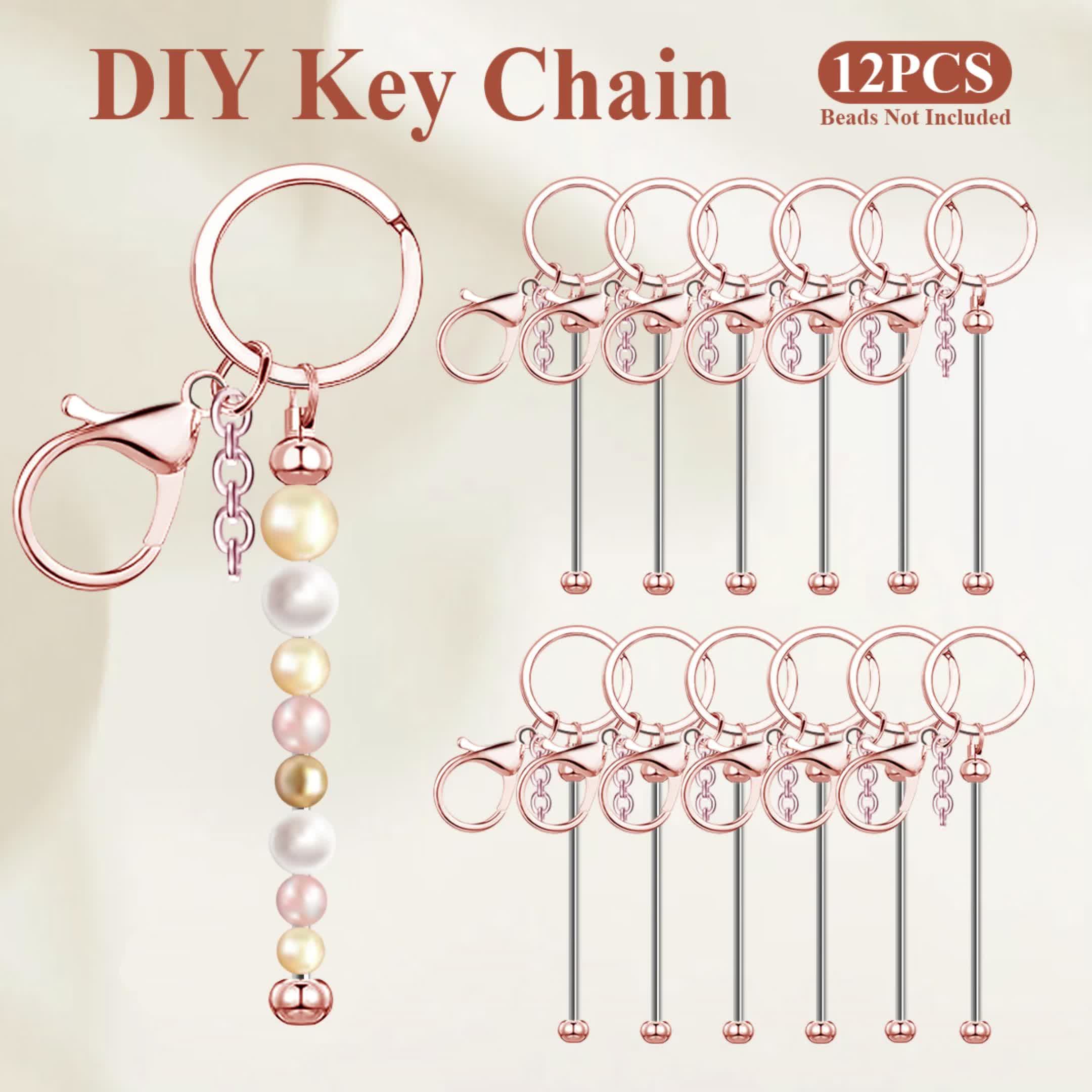 12pcs Stainless Steel Beadable Keychain Blanks Kit with Rose Gold and Silver Charms for Crafting