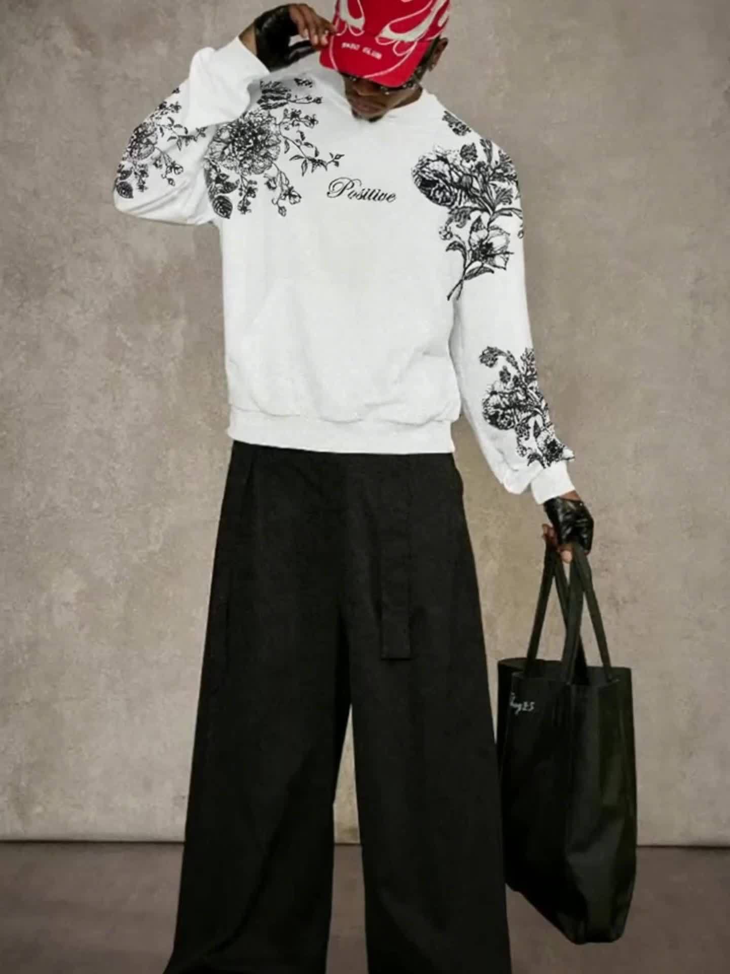 Men's Fashion Street Floral Print Hooded Sweatshirt in White with "Positive" Lettering Art Top - Image 6
