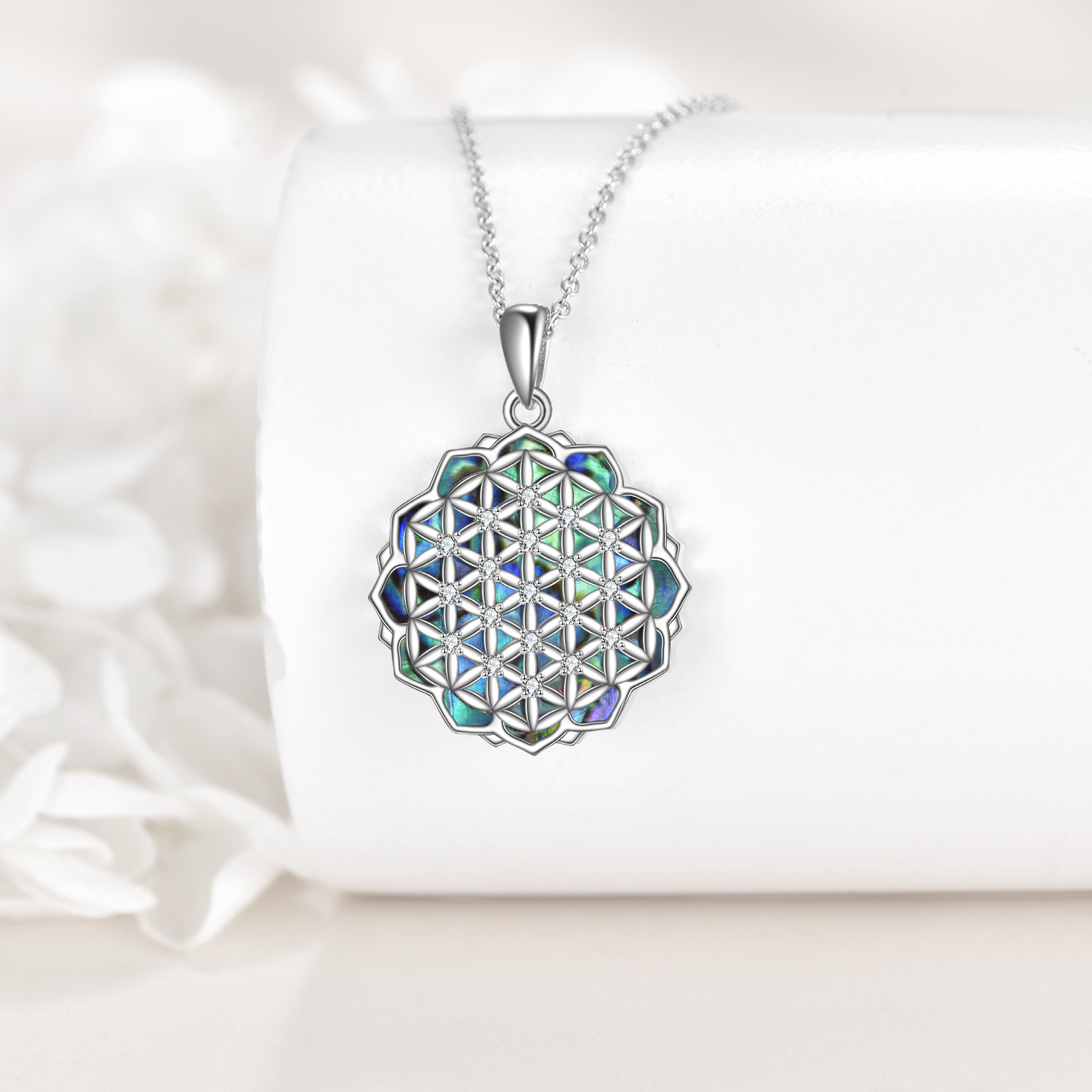 S925 Sterling Silver Flower of Life Necklace with Abalone Shell