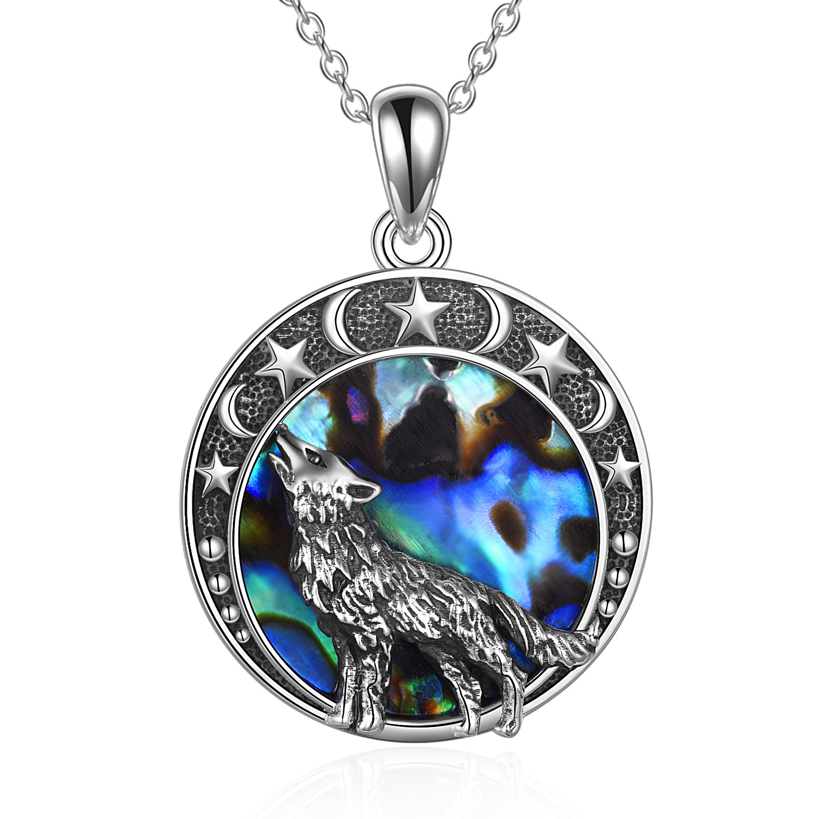 Image of Women's Fashion Pendant Necklace, Oxidized Wolf Design, Inlaid With Abalone Shell, 925 Sterling 925 Silver Pendant. A Christmas Gift For