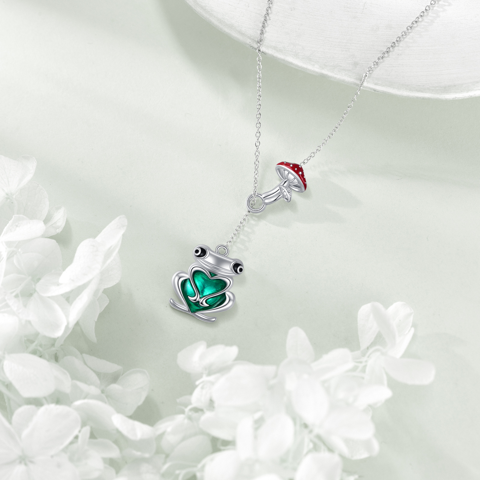 Collana Ranocchia Con Fungo In Argento 925 E Cristallo – Portafortuna Per Donne E Ragazze