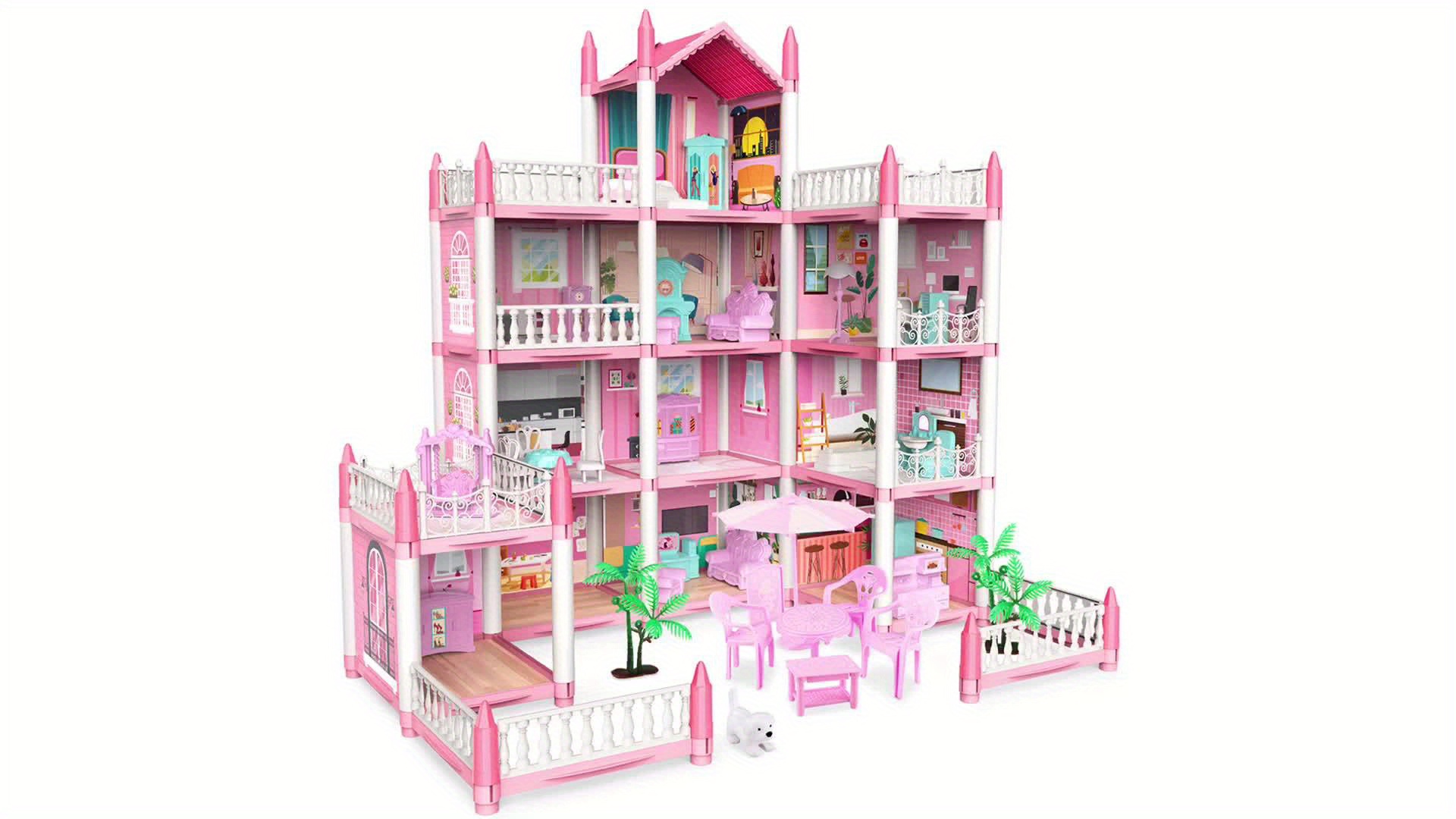 Ensemble de 9 pièces pour maison de poupée (poupée non incluse) Accessoires  de meubles multicouches Rose Bricolage Playhouse Building Toy Villa, adapté  aux filles âgées de 5 à 10 ans comme cadeau