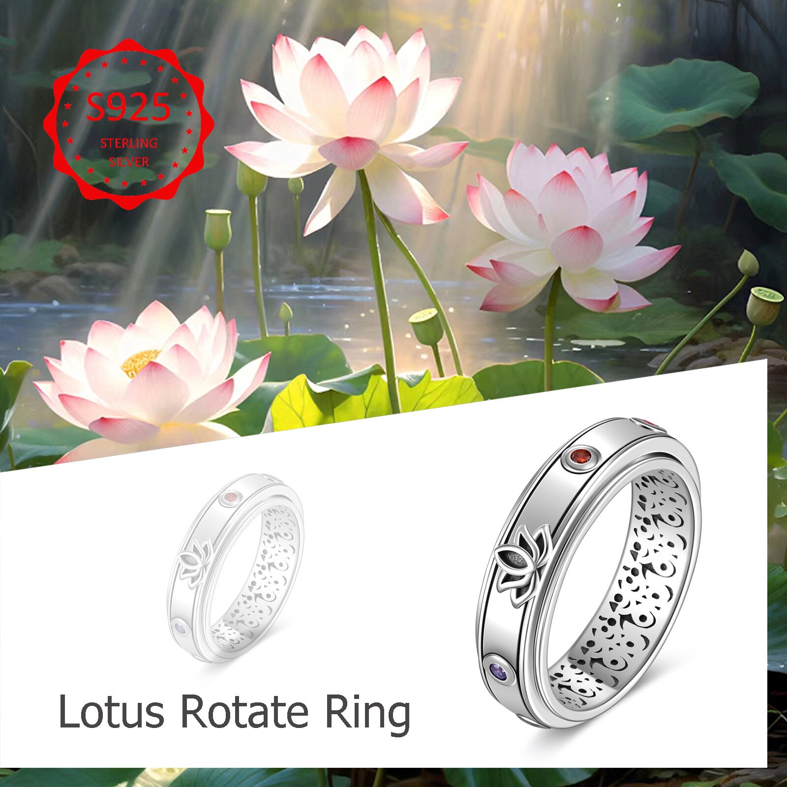 Fidget Ring 925 Sterling Silver Lotus Chakra Spinner Ring