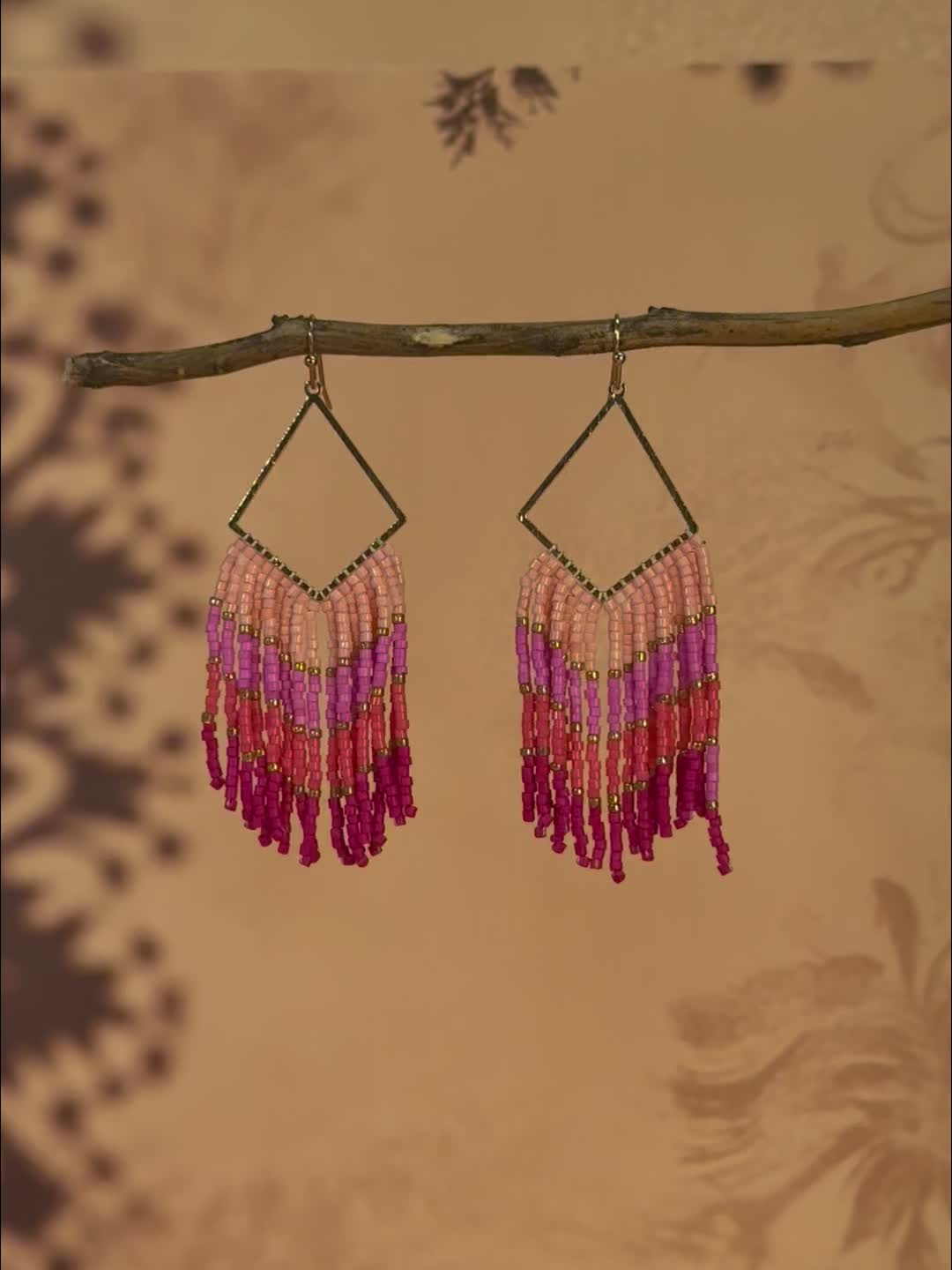 Women's Handmade Beaded Tassel Earrings, Rhombus Frame