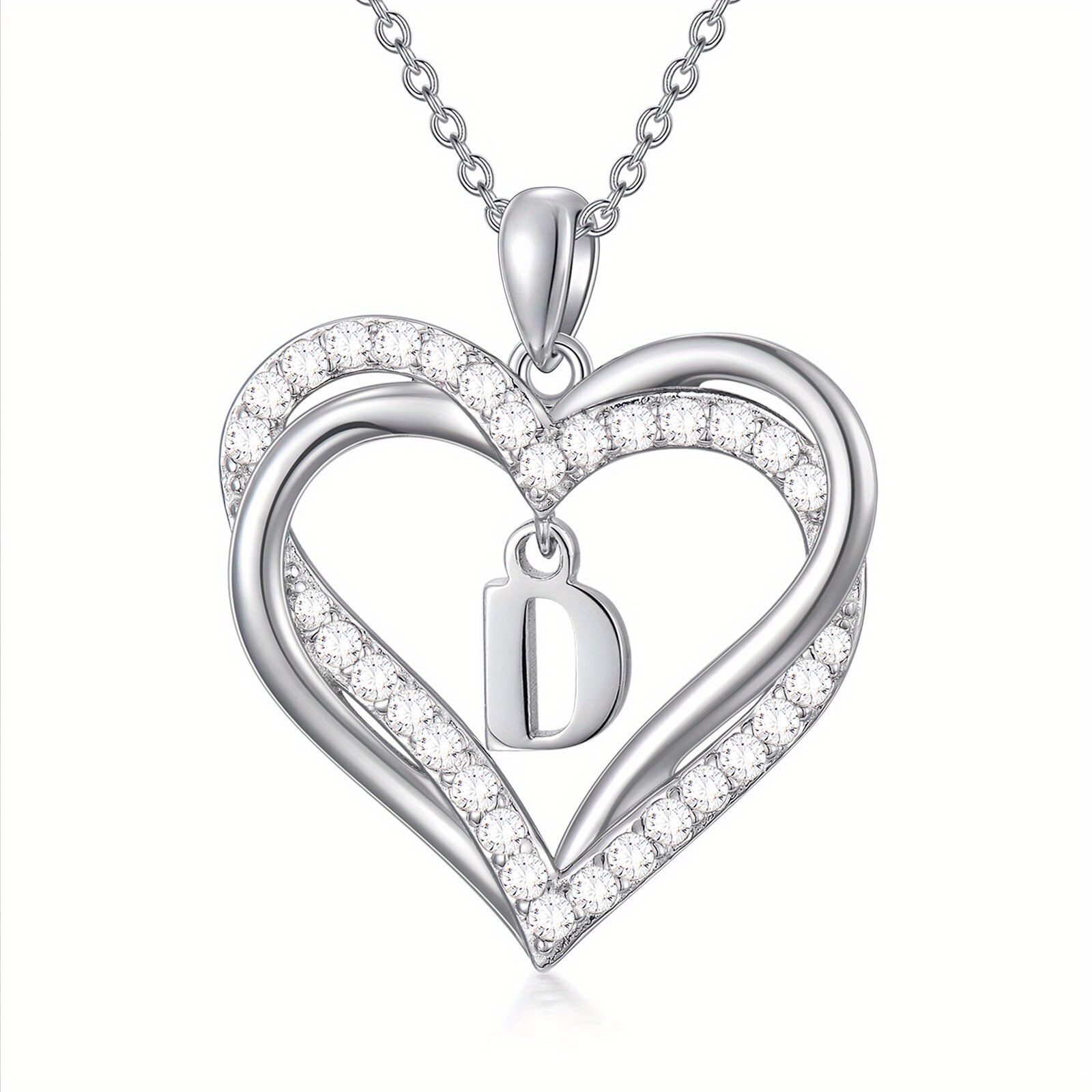 925 Silver Double Heart Initial Necklace Women