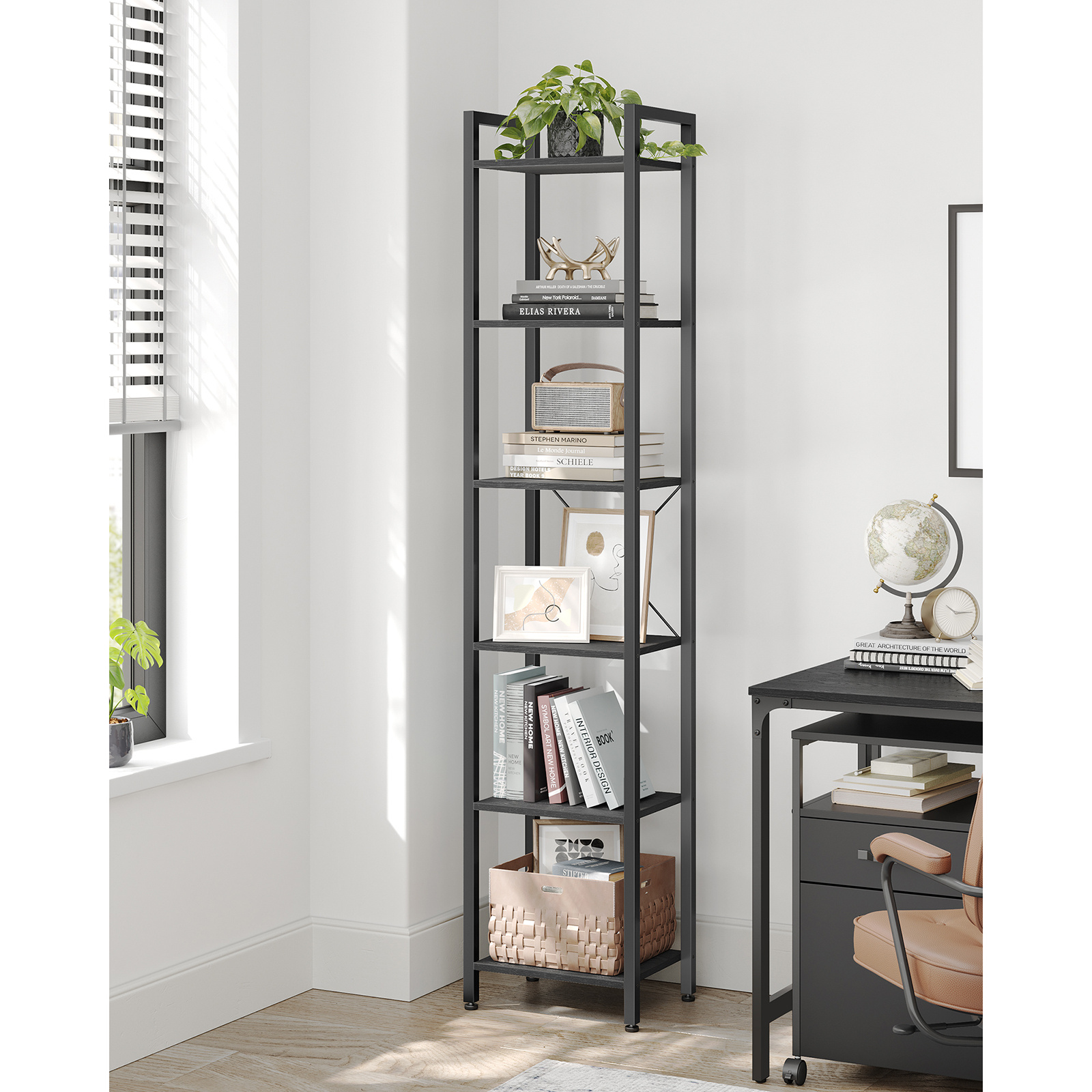 TEMU haute à 6 niveaux, Étagère étroite, Bureau à domicile, Étagère à livres pour salon, 11,8 x 15,7 x 73,8 pouces, Marron rustique et noir