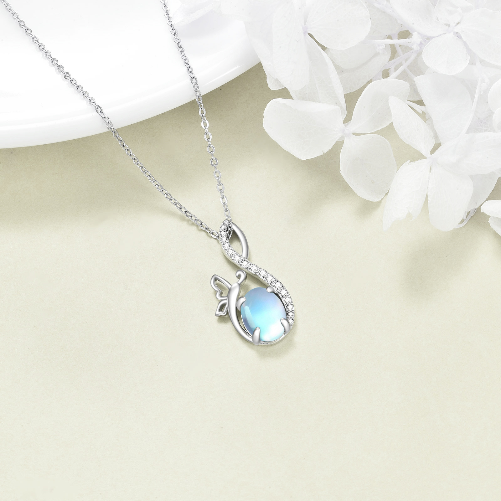 Women's 925 Sterling Silver Butterfly Moonstone Pendant Necklace
