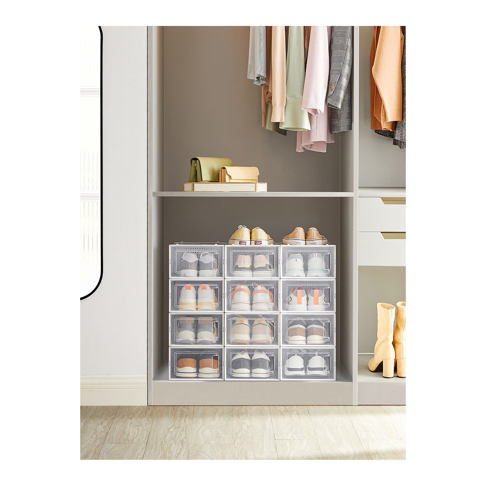 TEMU Boîtes à chaussures, conviennent jusqu'à la US 11, lot de 12 organisateurs de rangement pour chaussures, boîtes en plastique transparent