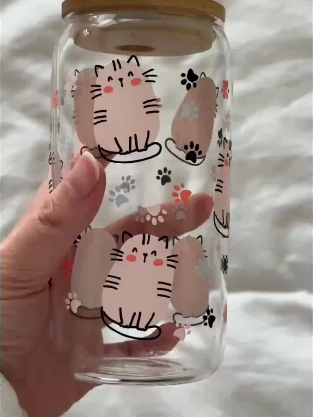 1pc, Kitten Drinking Glass With Lid And Straw, 500ml/16.9oz Can Shaped  Glass Water Cup, Cute Kawaii Cats Iced Coffee Cup, For Beer, Juice, Milk,  Birth