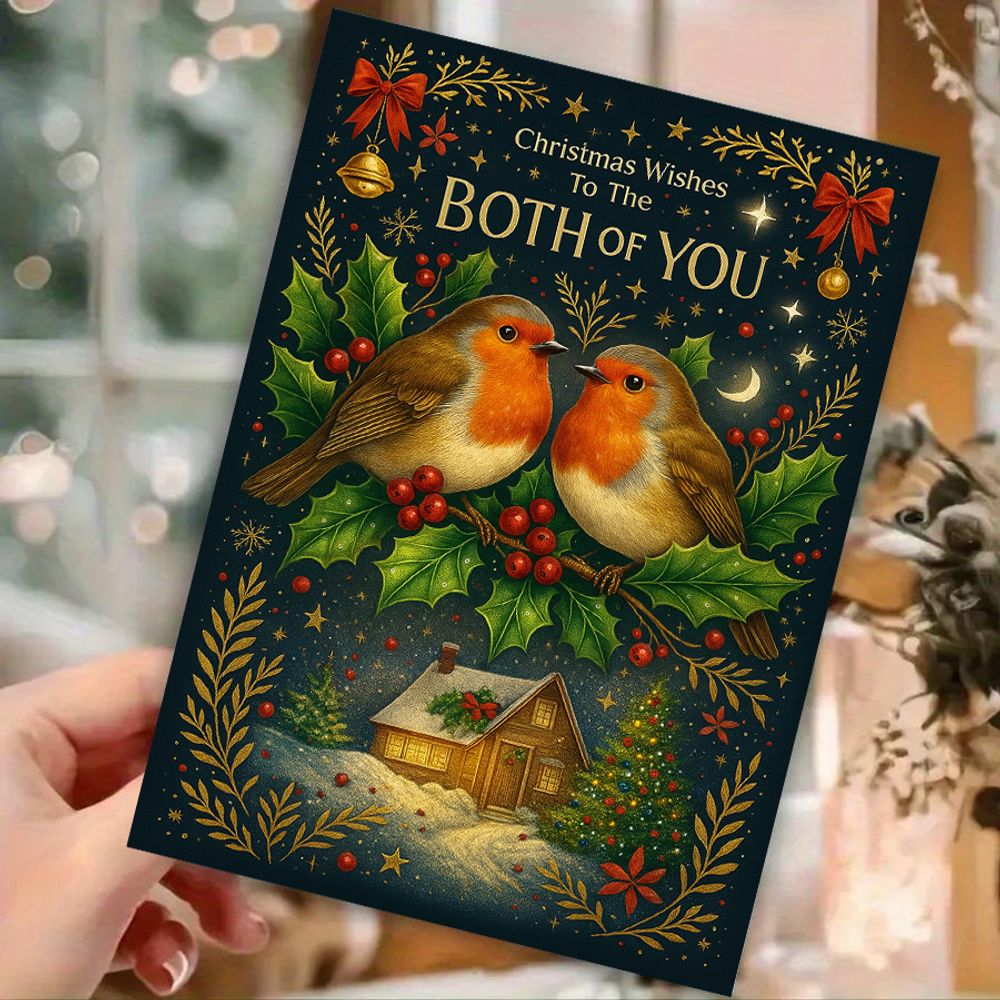 TEMU 1 Elegant Robin And Holly Christmas Card With "you Two" Message - Golden-accented Winter Scene, Red And Golden Robins, , And Snowy Cottage -
