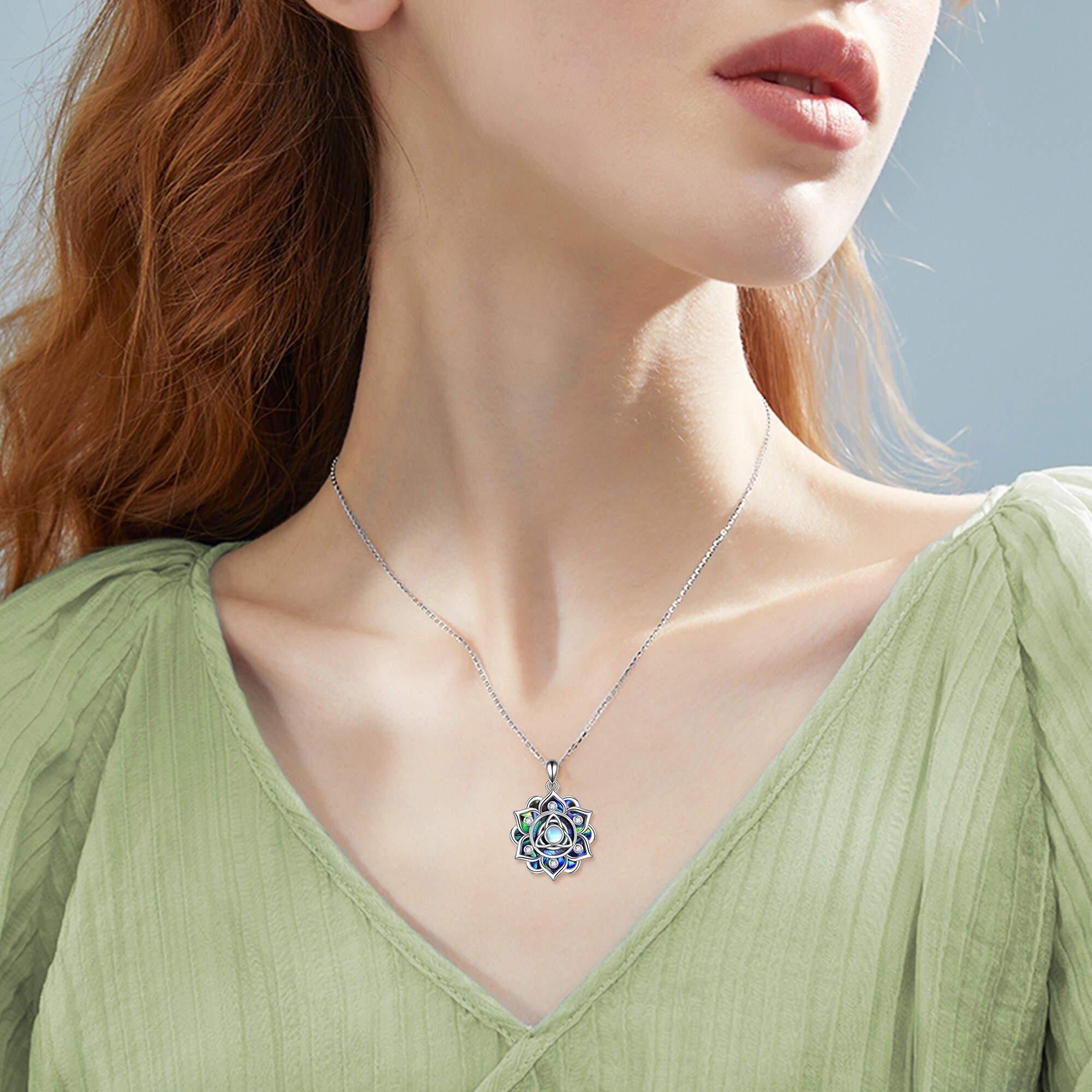 Sterling Silver Moonstone Lotus Necklace with Celtic Knot