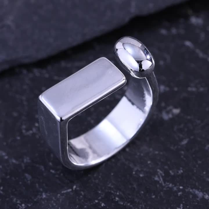 925 Pure Silvery Neutral Style Rectangular Open Ring