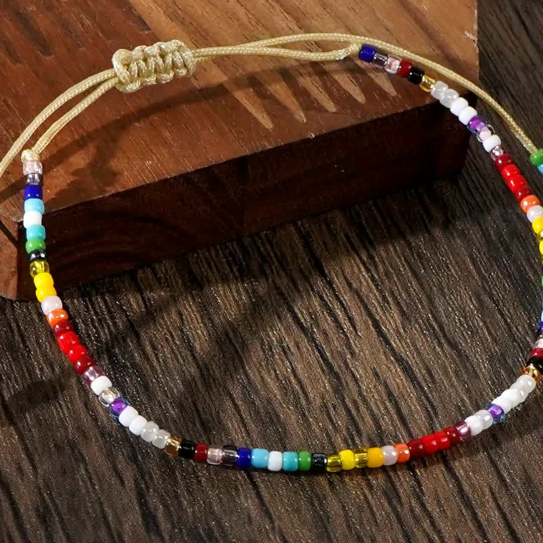 Boho Rainbow Glass Bead Bracelet Lightweight Yellow Cord Decorative Knots