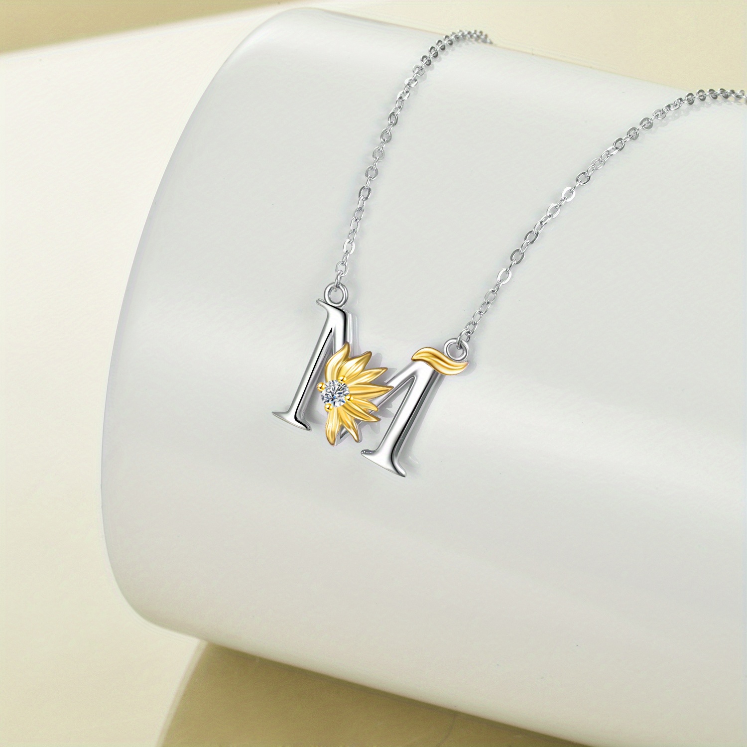 Sterling Silver Initial M Pendant Sunflower Necklace for Women