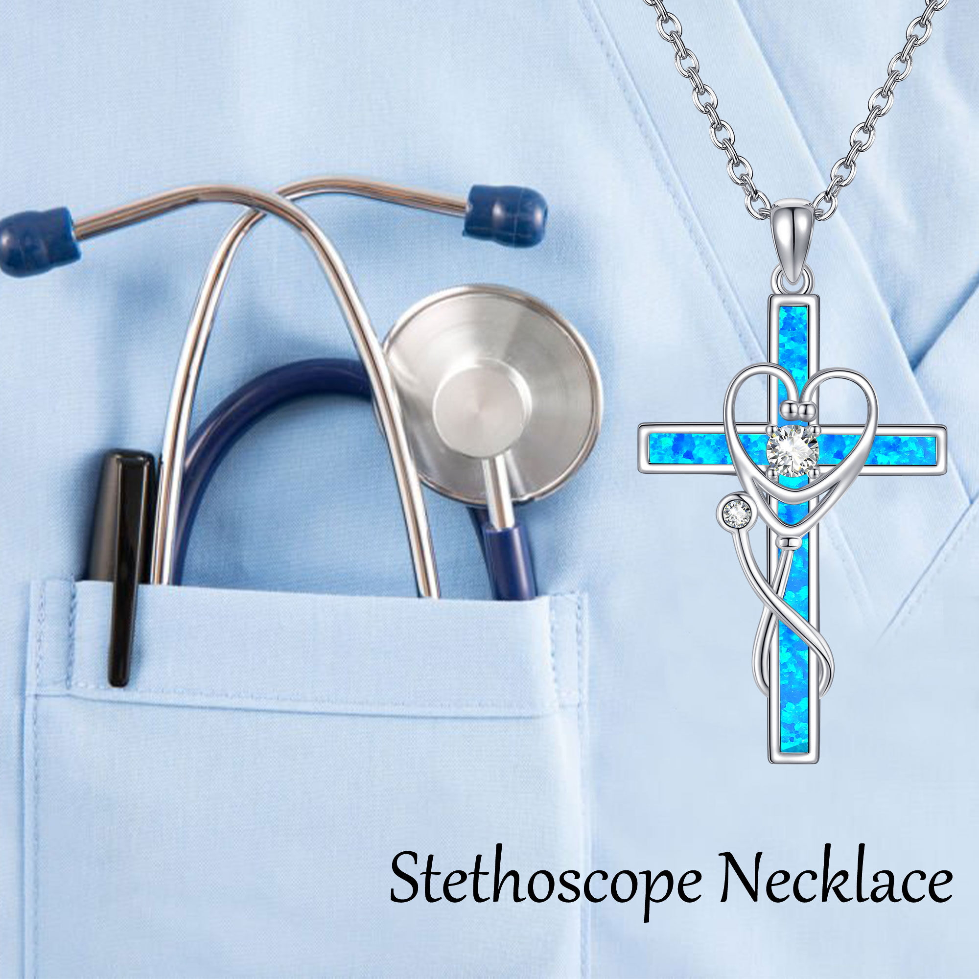 925 Sterling Silver Stethoscope Necklace with Synthetic Opal