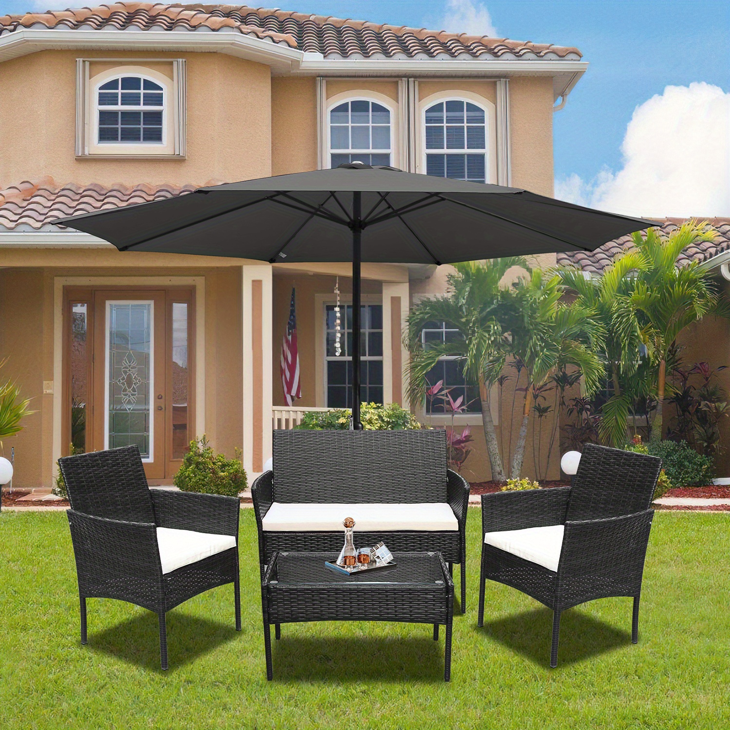 TEMU Black Poly Rattan Outdoor Furniture Collection, Including A 2-seater Sofa, , A Table, And Cushions, Perfect For Patios And