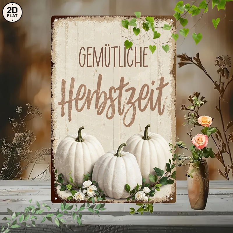 TEMU 2d Flat, [2d Flat] 2d Flat - Vintage-inspired Metal Sign "gemutliche Herbstzeit" With Pumpkins & - 20.32x30.48cm, Rustic Fall Decor For Home Or