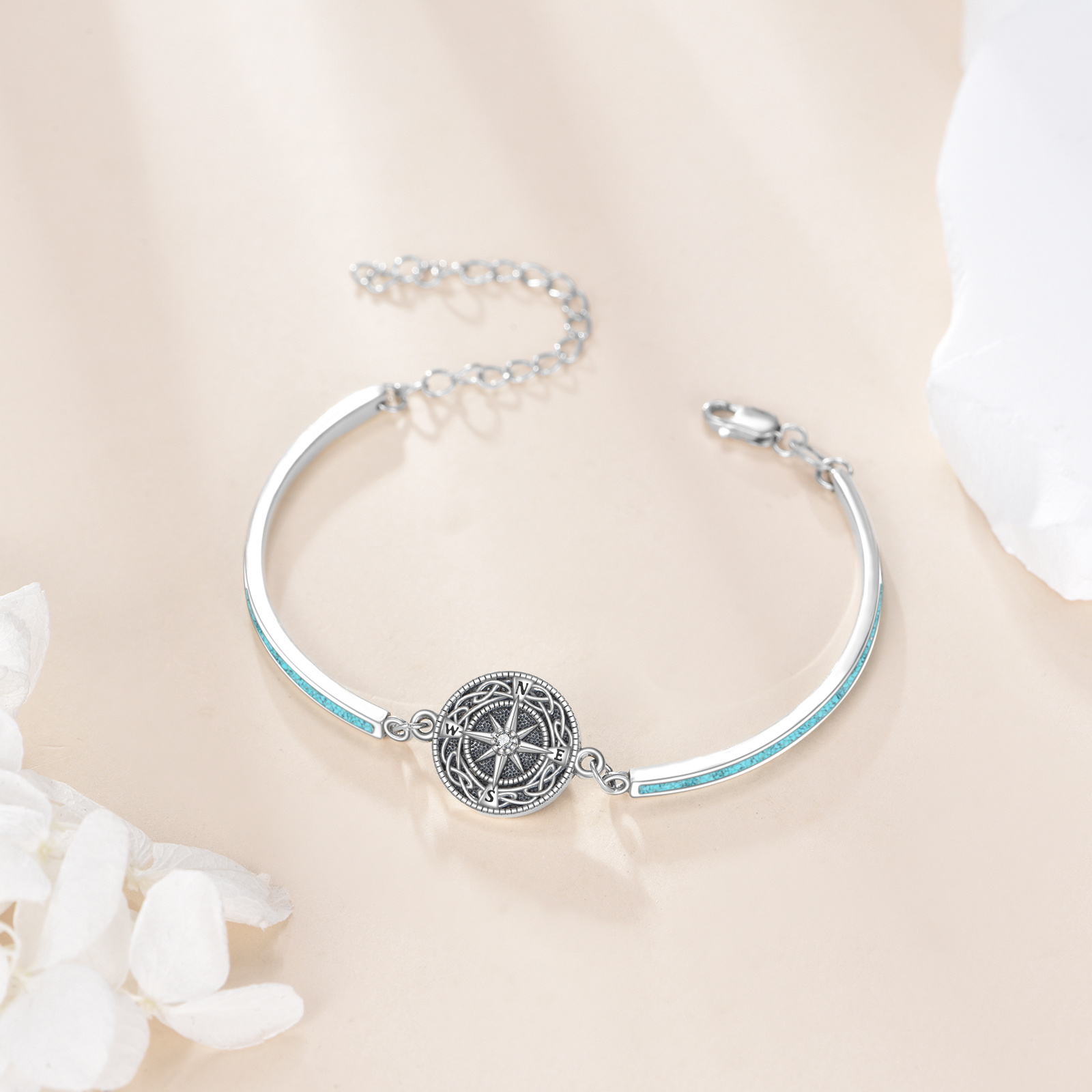 Women's 925 Sterling Silver Compass Bangle Bracelet with Synthetic Turquoise