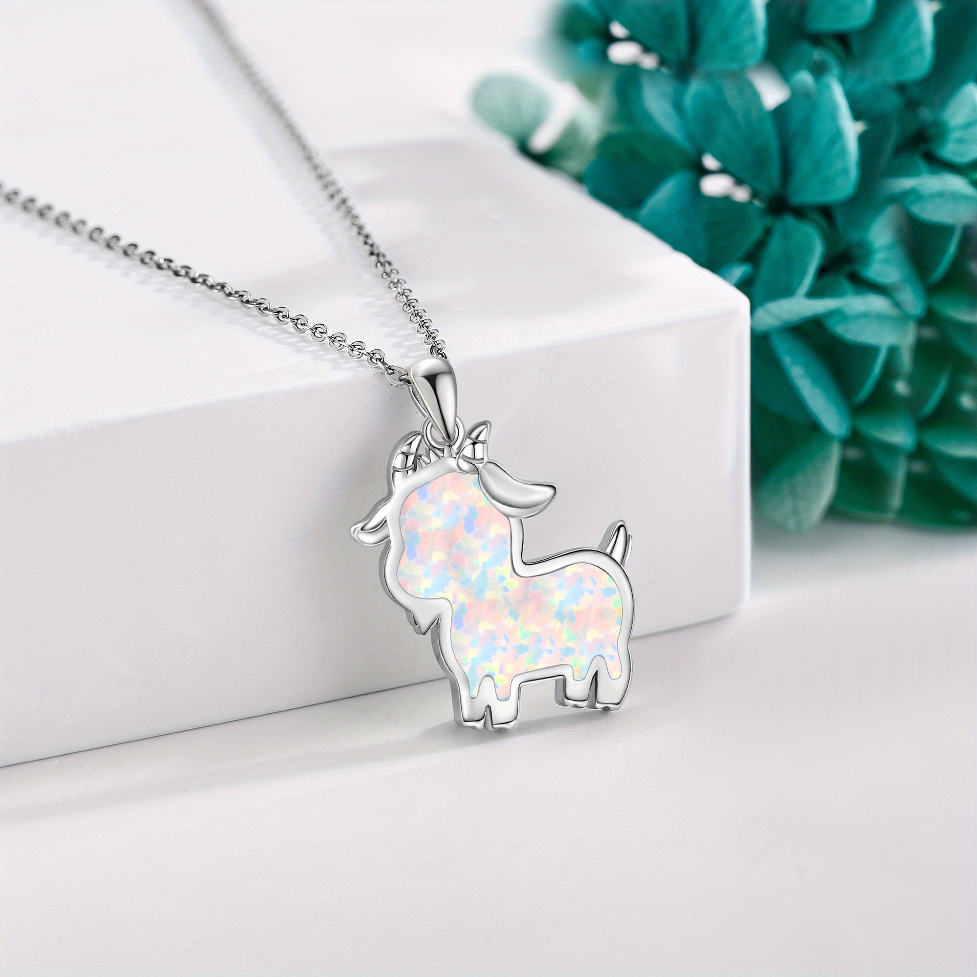 Women's Sterling Silver Opal Goat Pendant Necklace, Gift for Mum