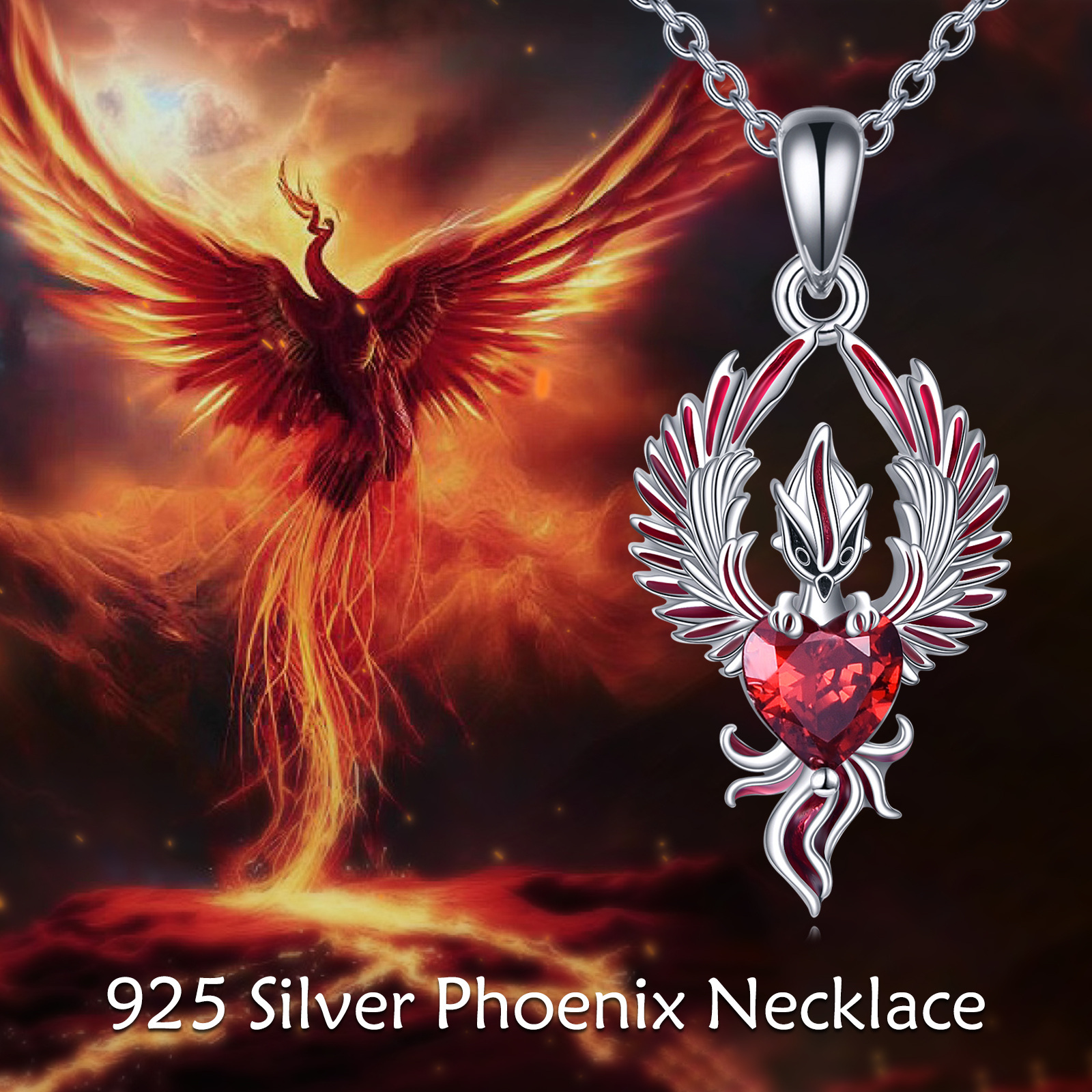 Image of Women's Phoenix Necklace 925 Sterling Silvery With Red Artificial Crystal Pendant, A Gift Of Phoenix Jewelry For Wife And Mother