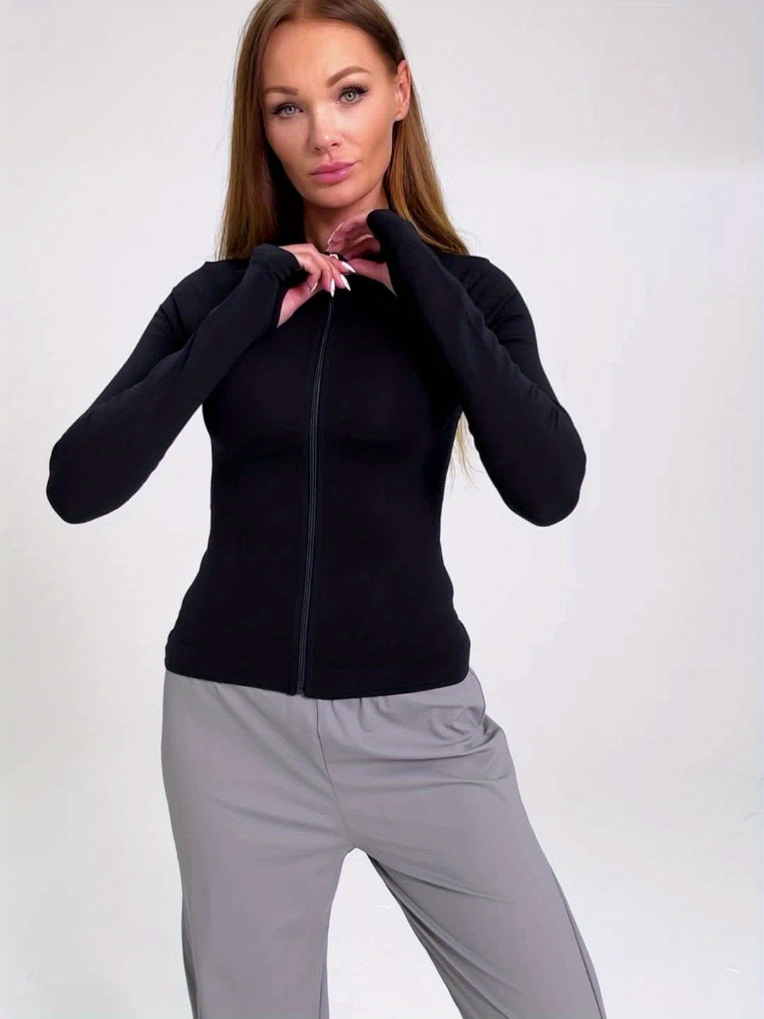 Chaqueta ligera con cremallera completa elástica para mujer, chaqueta  deportiva para correr, yoga, entrenamiento, ajuste delgado, para gimnasio