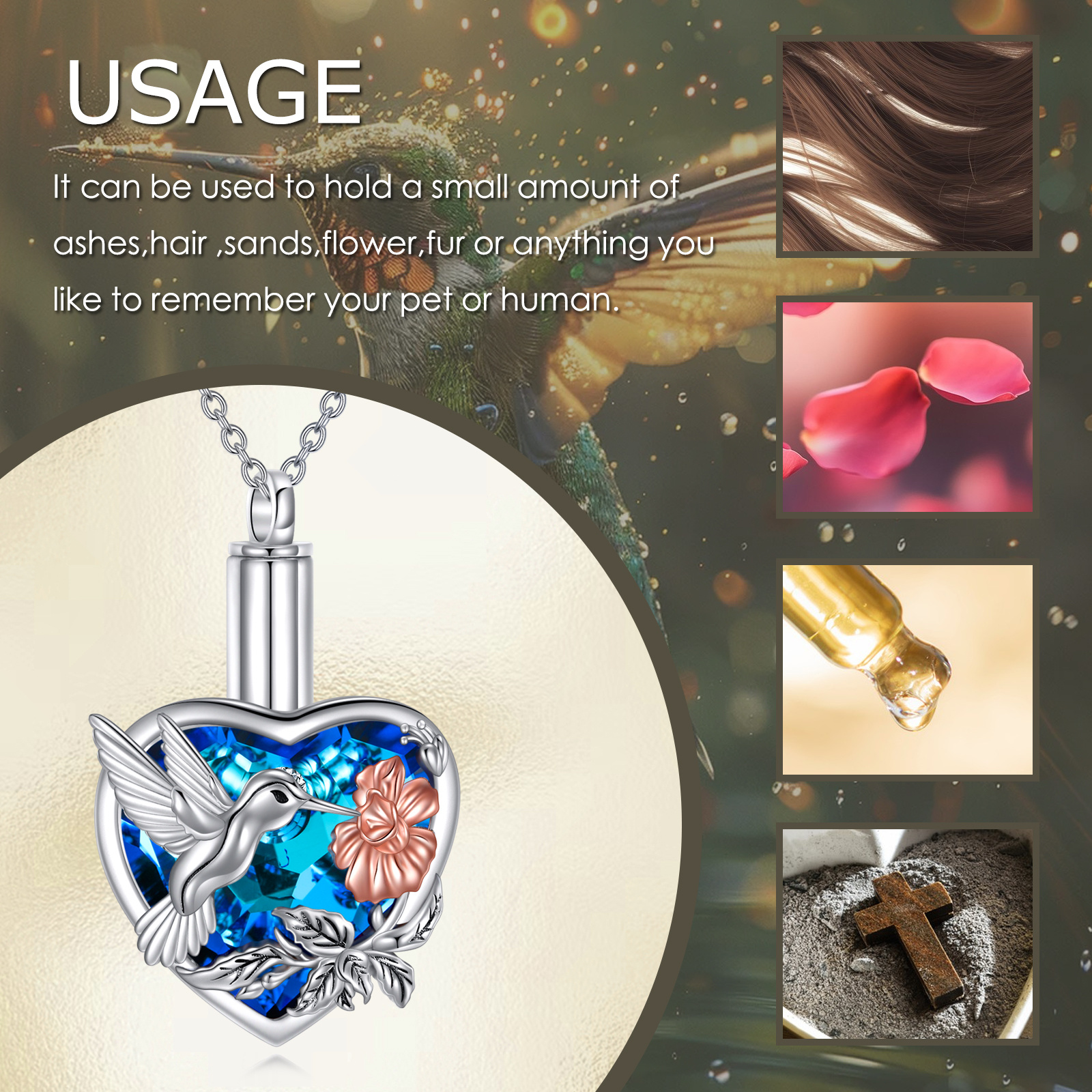 925 Sterling Silver Hummingbird Urn Necklace with Crystal