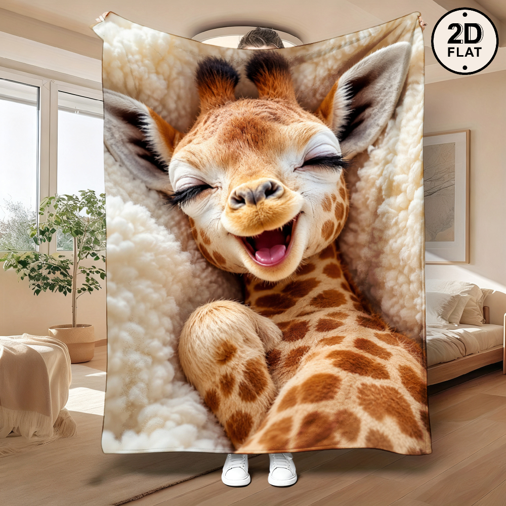 TEMU 2d Flat-piece Cute Long-necked Giraffe Cloud Smiling Flannel Blanket, Soft Warm Blanket, Suitable For Sofas, Chairs, Living Rooms, Bedrooms,