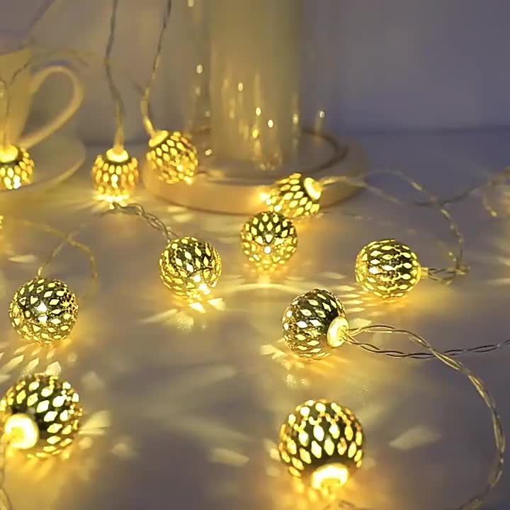 Egmy Christmas LED Light Moroccan Hollow Metal Ball LED String Lights  Battery Powered For Wedding Holiday Home Party Decoration