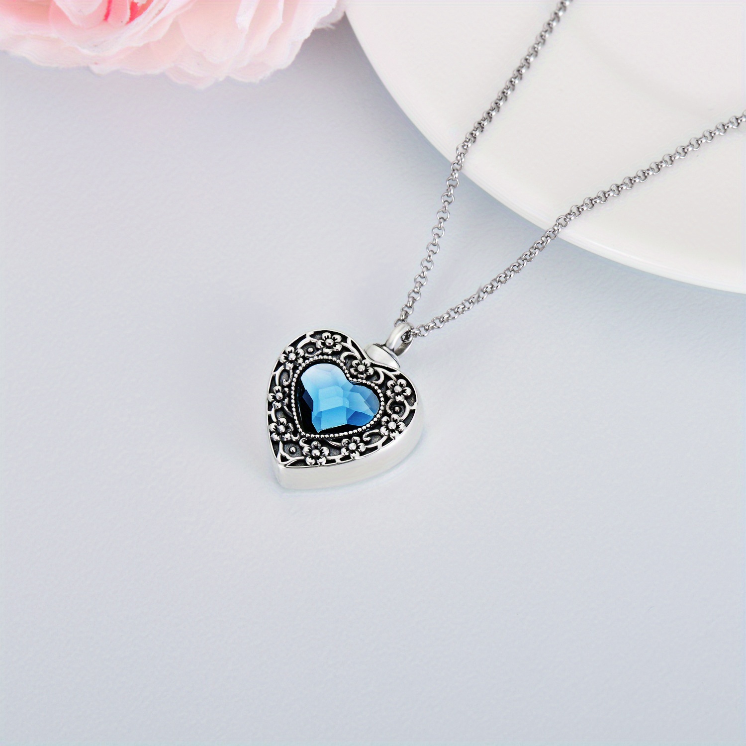 Flower Heart Urn Necklace for Ashes, Sterling Silver