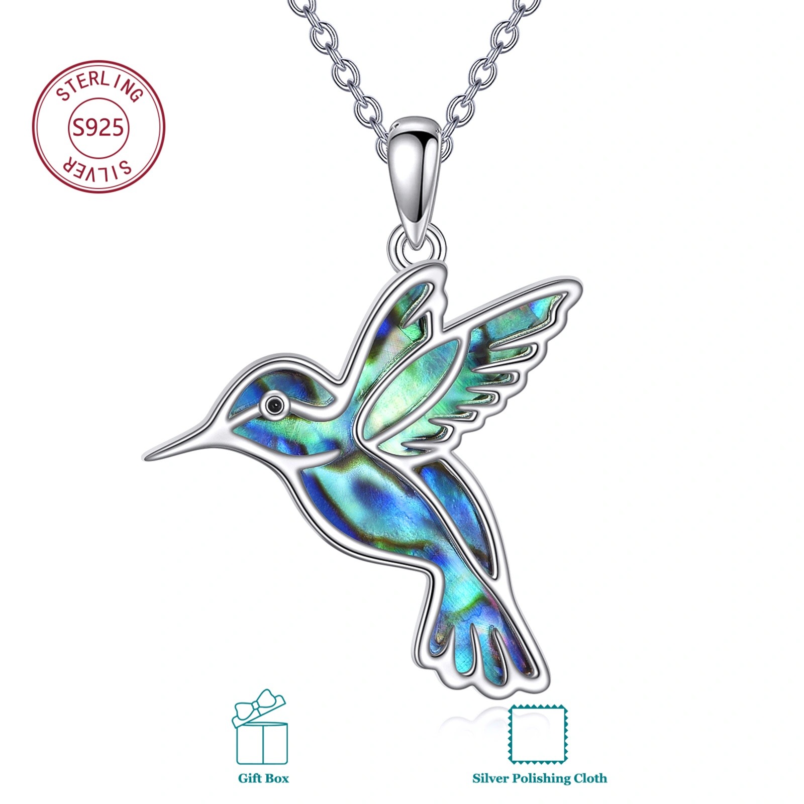 Image of 925 Sterling Silvery Abalone Shell Hummingbird Necklace, Unisex Daily Wear, Birthday & Valentine's Day Gift, Meaningful Present For
