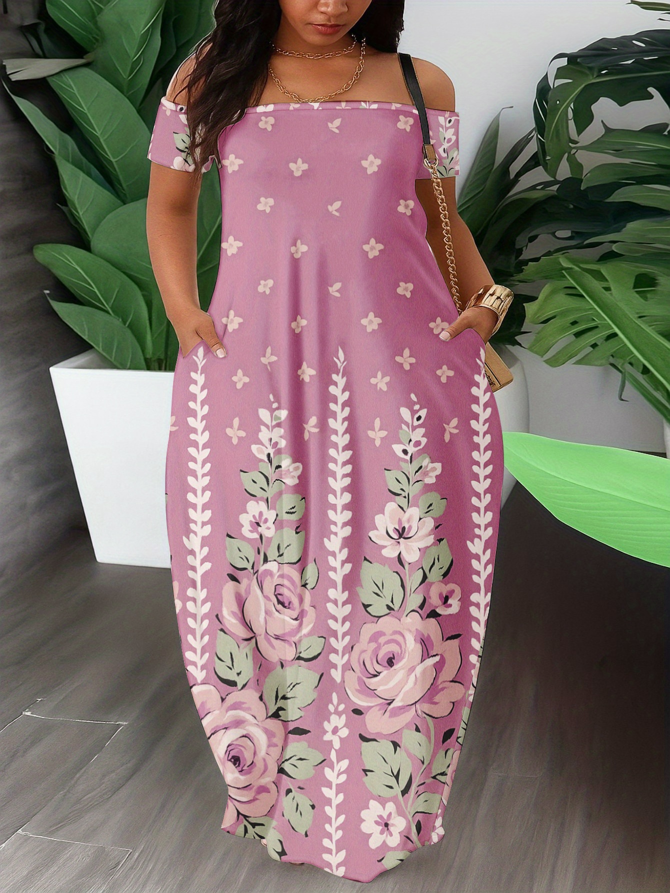chinese dress ladies Pink Plus Size Floral Square Neck Puff Sleeve Ruffle Maxi Dress Pink / 4X