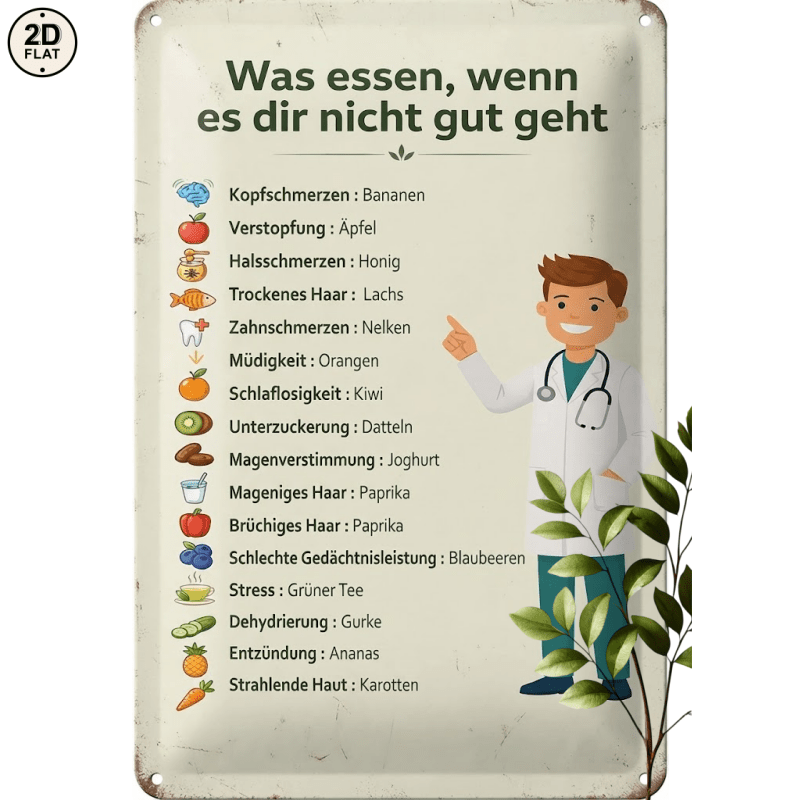Image of 2d Flat, 1pc Metal Sign. What To Eat When You Feel German Food Chart With Doctor Perfect For Home, Office, Bar, Outdoor Decor 20x30cm 2d Flat, 2d Flat