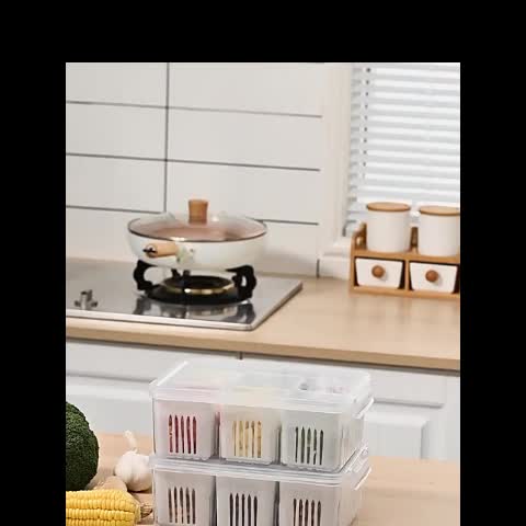 Brand: FreshBox Type: Refrigerator Drawer Organizer Specs: Stackable, Fruit  & Vegetable Fresh Keeping Bin Keywords: Storage Boxes & Bins, Kitchen Pantry  Cabinet Key Points: Space Saving, Clear Visibility Main Features:  Adjustable Dividers