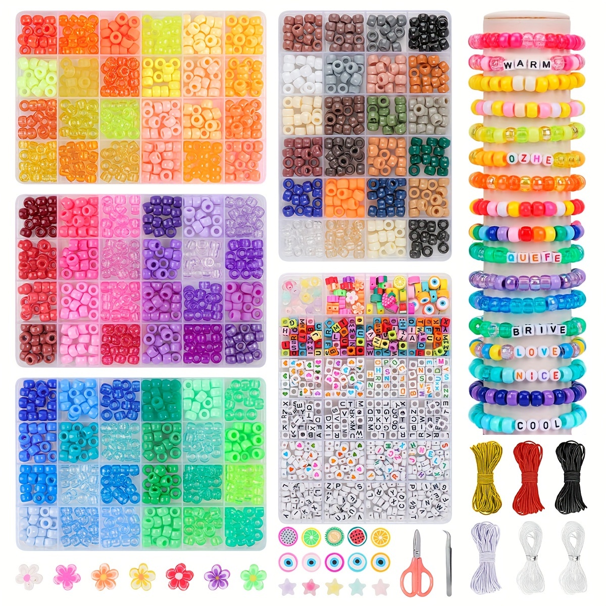 QUEFE 1000pcs 4 Color Acrylic Alphabet Letter Beads with 50 Meters Elastic Crystal String Cord for Jewelry Making DIY Necklace Bracelet?6mm?