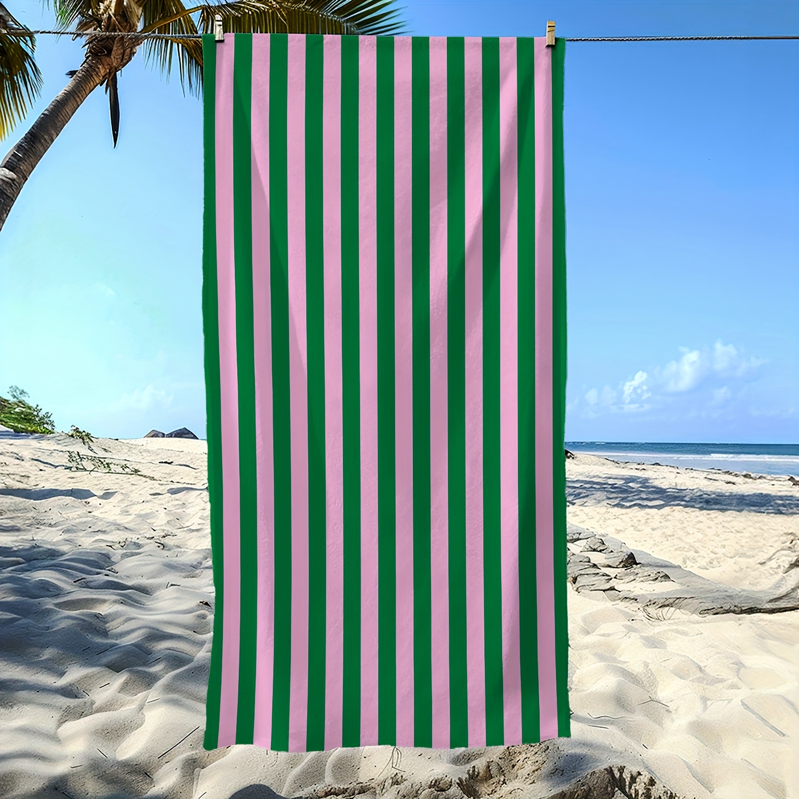 TEMU 1pc Striped Beach Towel - Super Soft Microfiber With Green , High Colorfastness, Machine Washable - Lightweight Durable Pool, Camping, Travel