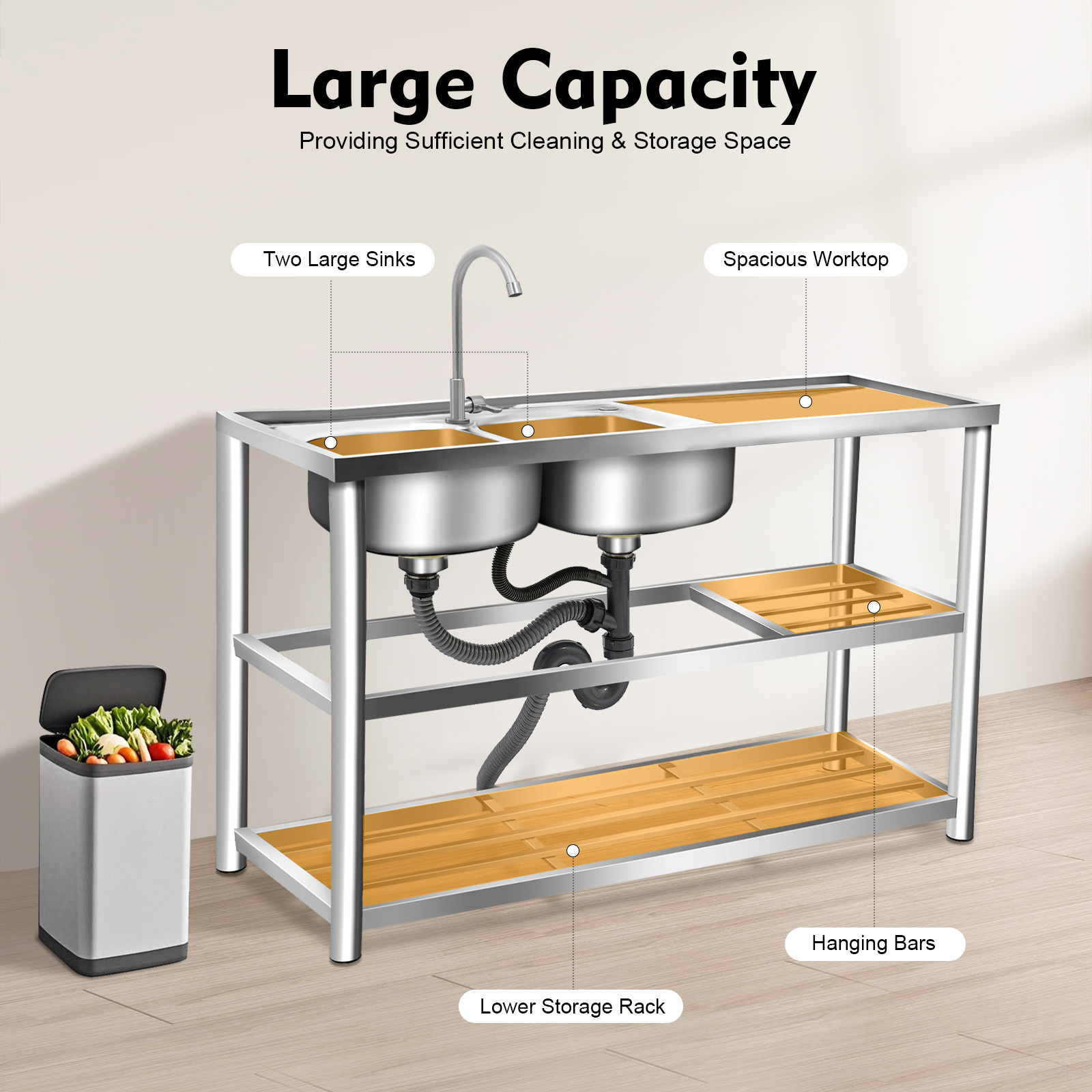 TEMU 120cm Stainless Steel Sink Left Double Bowl Three-tier With Single Hole , Commercial Kitchen Utility Sink