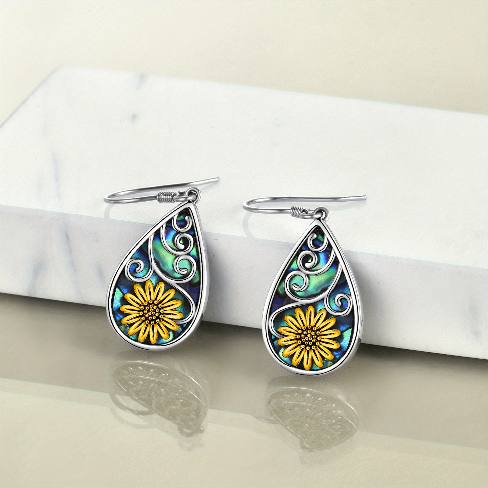 sunflower earrings for women 925 sterling silver teardrop abalone earrings dangle sunflower jewelry gifts birthday Product details 4