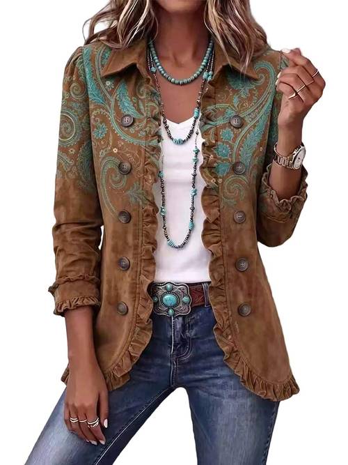 women ruffle trim button front long sleeve cardigan draped collared drop shoulder casual layered outercoat for spring autumn