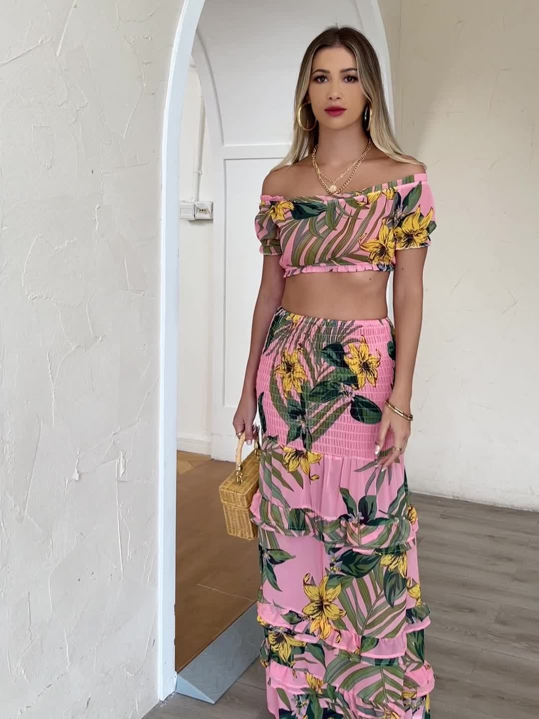 Boho Sexy Floral Print Two-piece Set, Casual Short Sleeve Slim Tops &  High-waisted Long Skirt Set, Women's Clothing