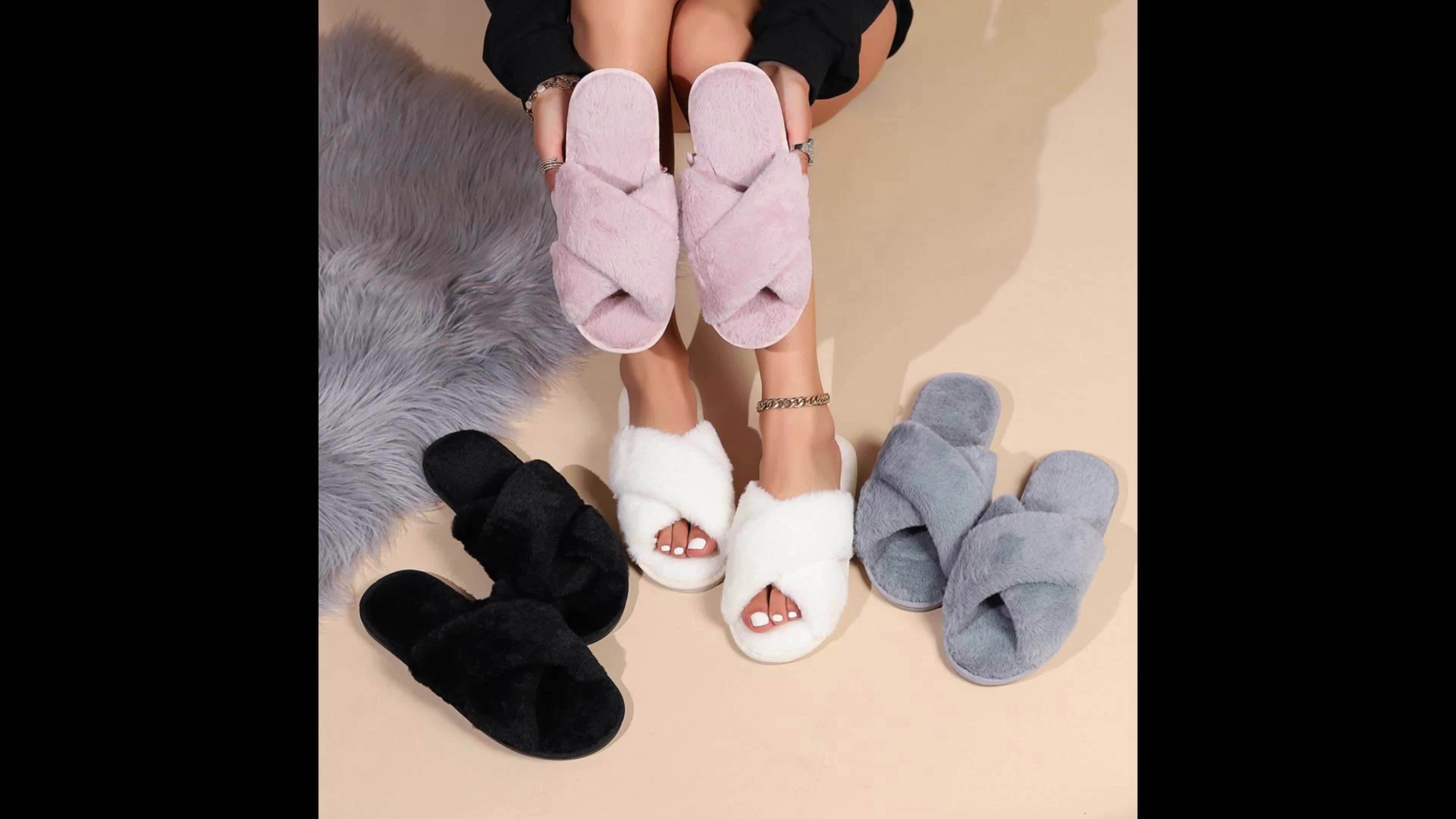Women's Furry Fuzzy Cross Strap Slippers Soft Comfy Open Toe - Temu Canada